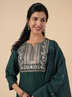Janasya Dark Cotton Blend Yoke Embroidery Straight Kurta Set