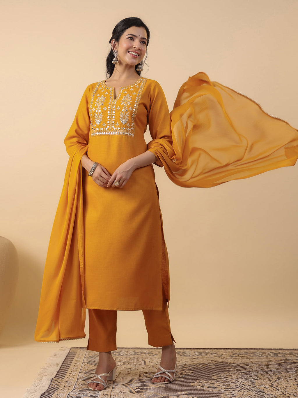 Janasya Bright Cotton Blend Yoke Embroidery Straight Kurta Set