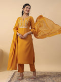Janasya Bright Cotton Blend Yoke Embroidery Straight Kurta Set