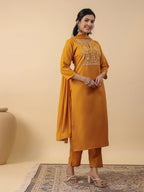 Janasya Bright Cotton Blend Yoke Embroidery Straight Kurta Set