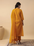Janasya Bright Cotton Blend Yoke Embroidery Straight Kurta Set