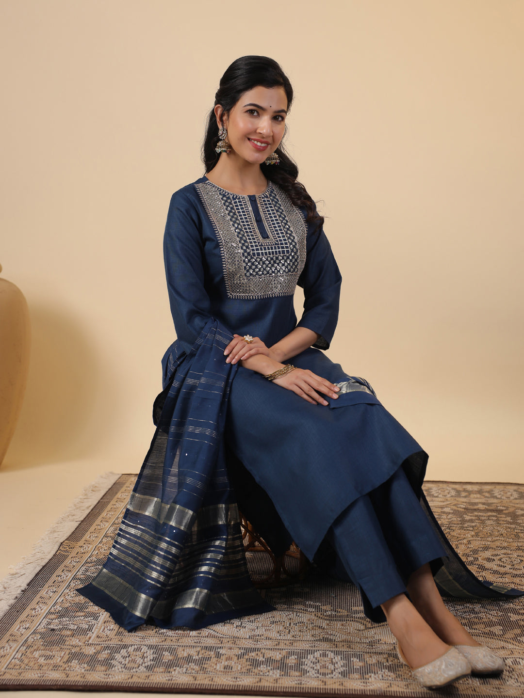 Janasya Bright Cotton Blend Embroidered Straight Kurta Set - Distacart