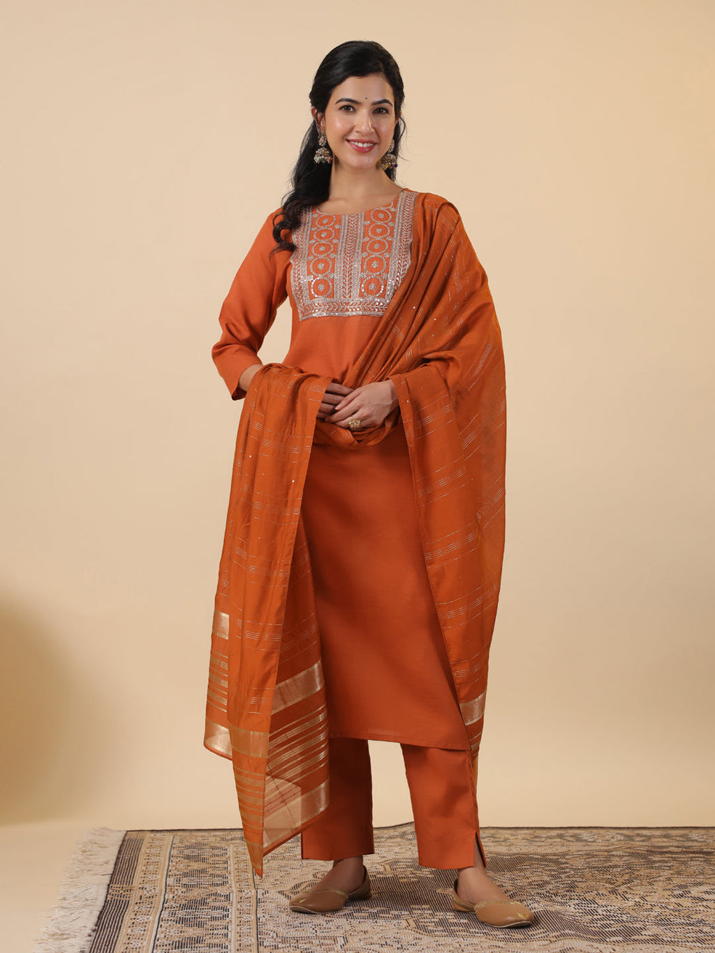Janasya Dark Cotton Blend Yoke Embroidery Straight Kurta Set