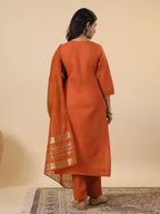Janasya Dark Cotton Blend Yoke Embroidery Straight Kurta Set