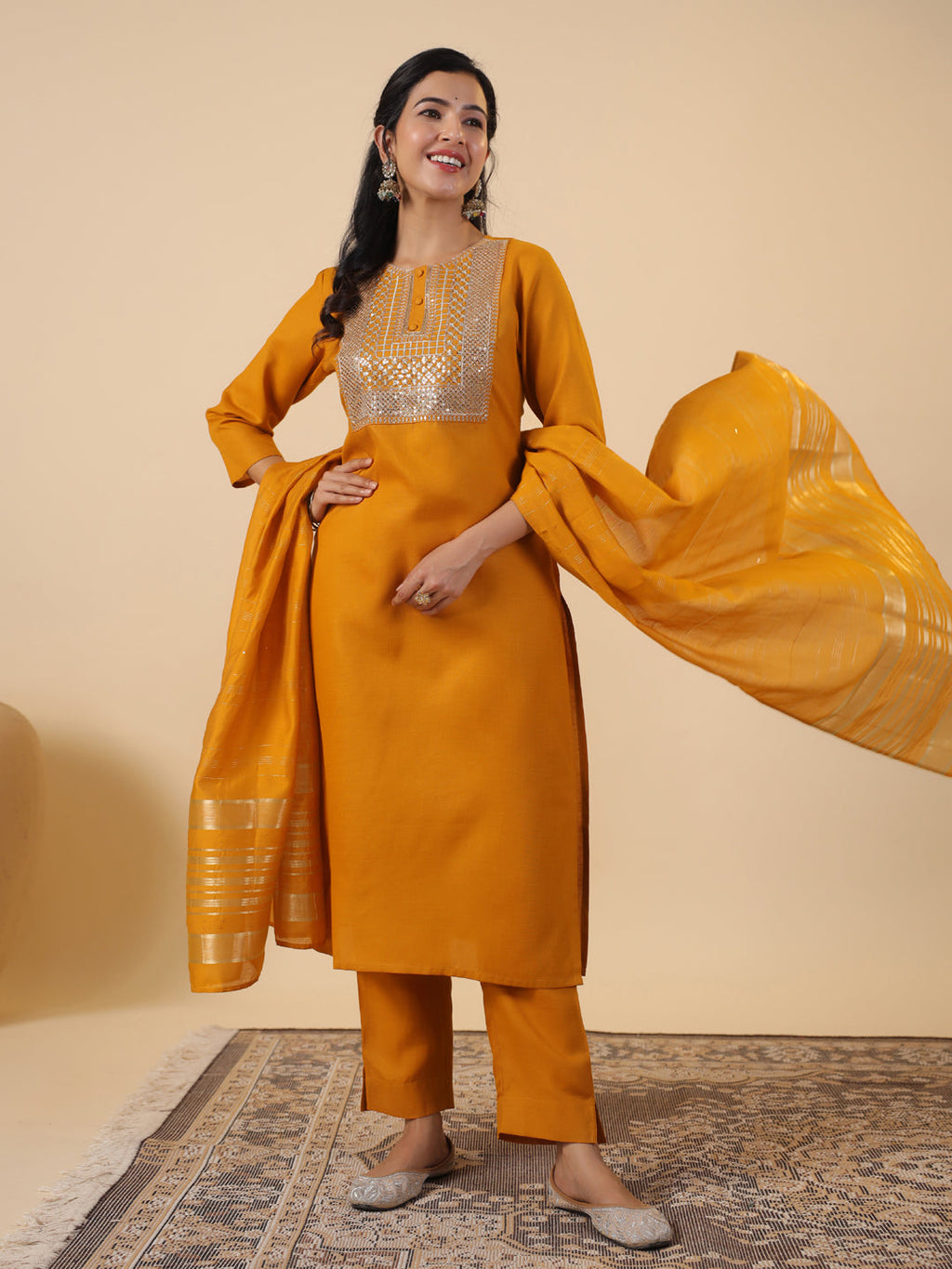 Janasya Bright Cotton Blend Yoke Embroidery Straight Kurta Set