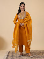 Janasya Bright Cotton Blend Yoke Embroidery Straight Kurta Set