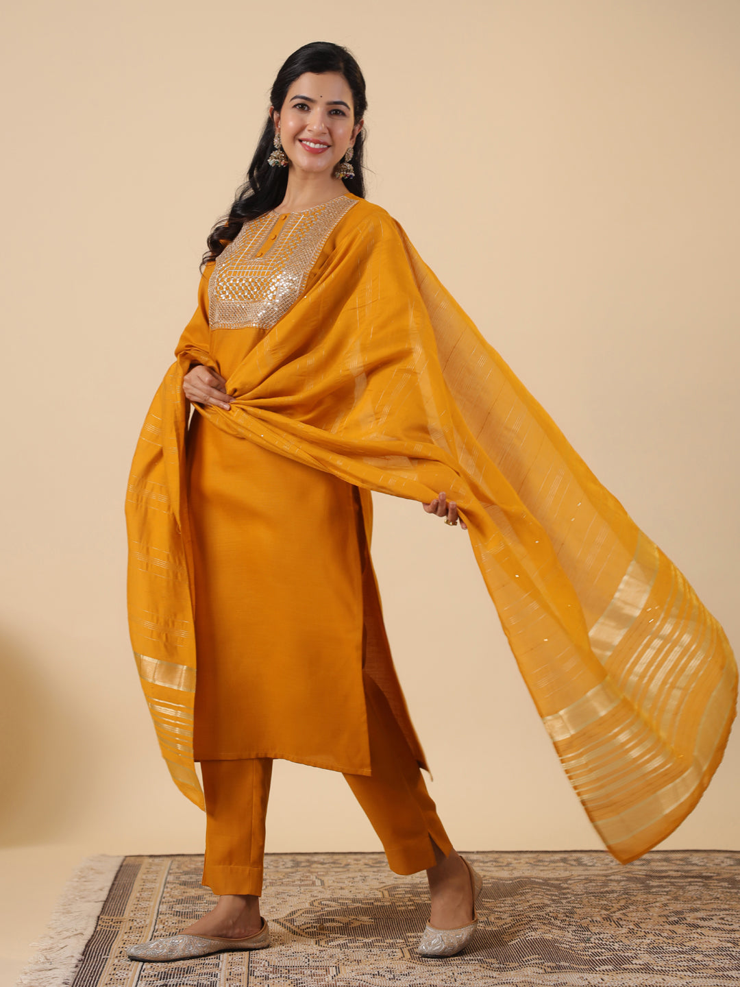 Janasya Bright Cotton Blend Yoke Embroidery Straight Kurta Set
