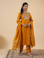 Janasya Bright Cotton Blend Yoke Embroidery Straight Kurta Set