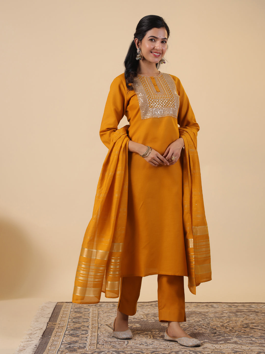 Janasya Bright Cotton Blend Yoke Embroidery Straight Kurta Set