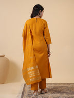Janasya Bright Cotton Blend Yoke Embroidery Straight Kurta Set