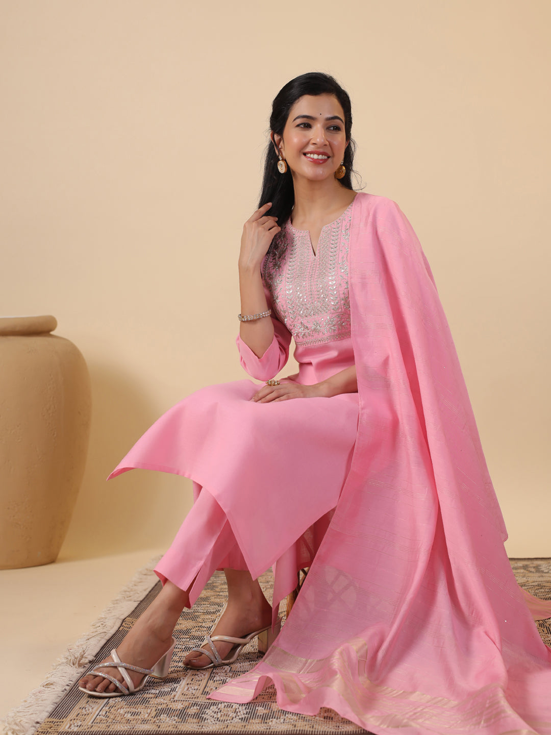 Janasya Light Cotton Blend Embroidered Straight Kurta Set