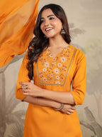 Janasya Bright Cotton Blend Yoke Embroidery Straight Kurta Set