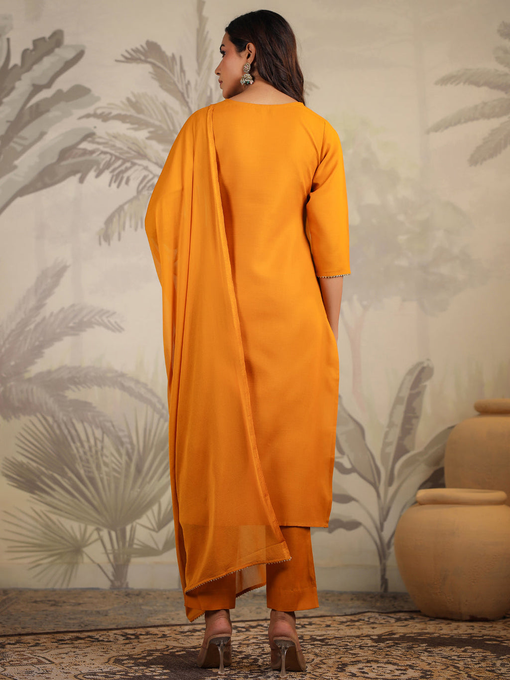 Janasya Bright Cotton Blend Yoke Embroidery Straight Kurta Set