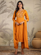 Janasya Bright Cotton Blend Yoke Embroidery Straight Kurta Set