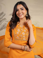 Janasya Bright Cotton Blend Yoke Embroidery Straight Kurta Set