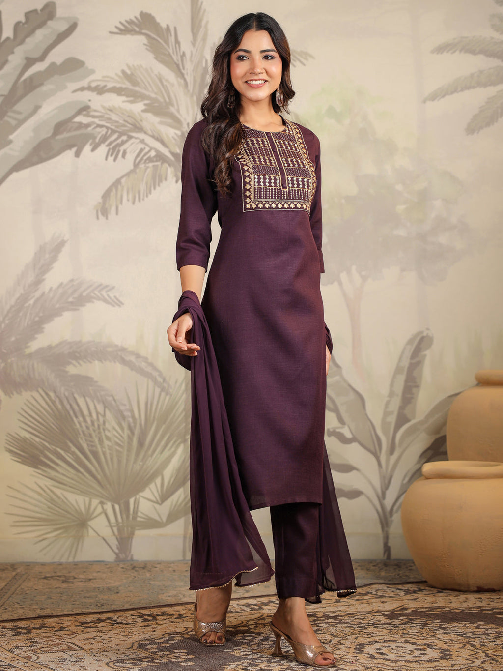 Janasya Dark Cotton Blend Yoke Embroidery Straight Kurta Set