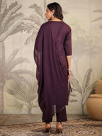 Janasya Dark Cotton Blend Yoke Embroidery Straight Kurta Set
