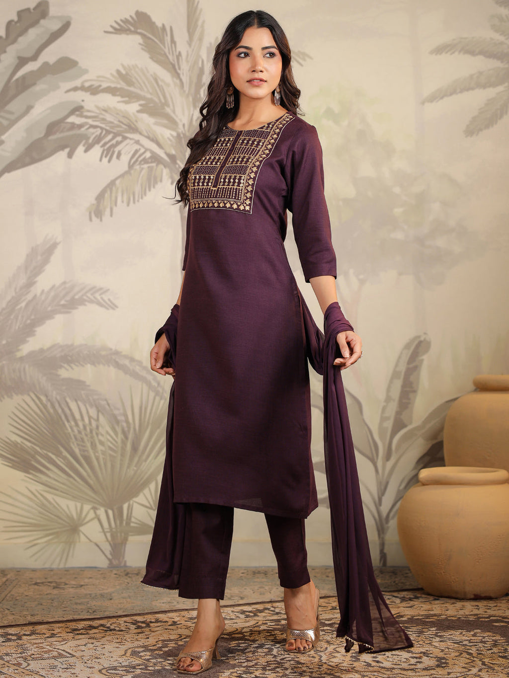 Janasya Dark Cotton Blend Yoke Embroidery Straight Kurta Set
