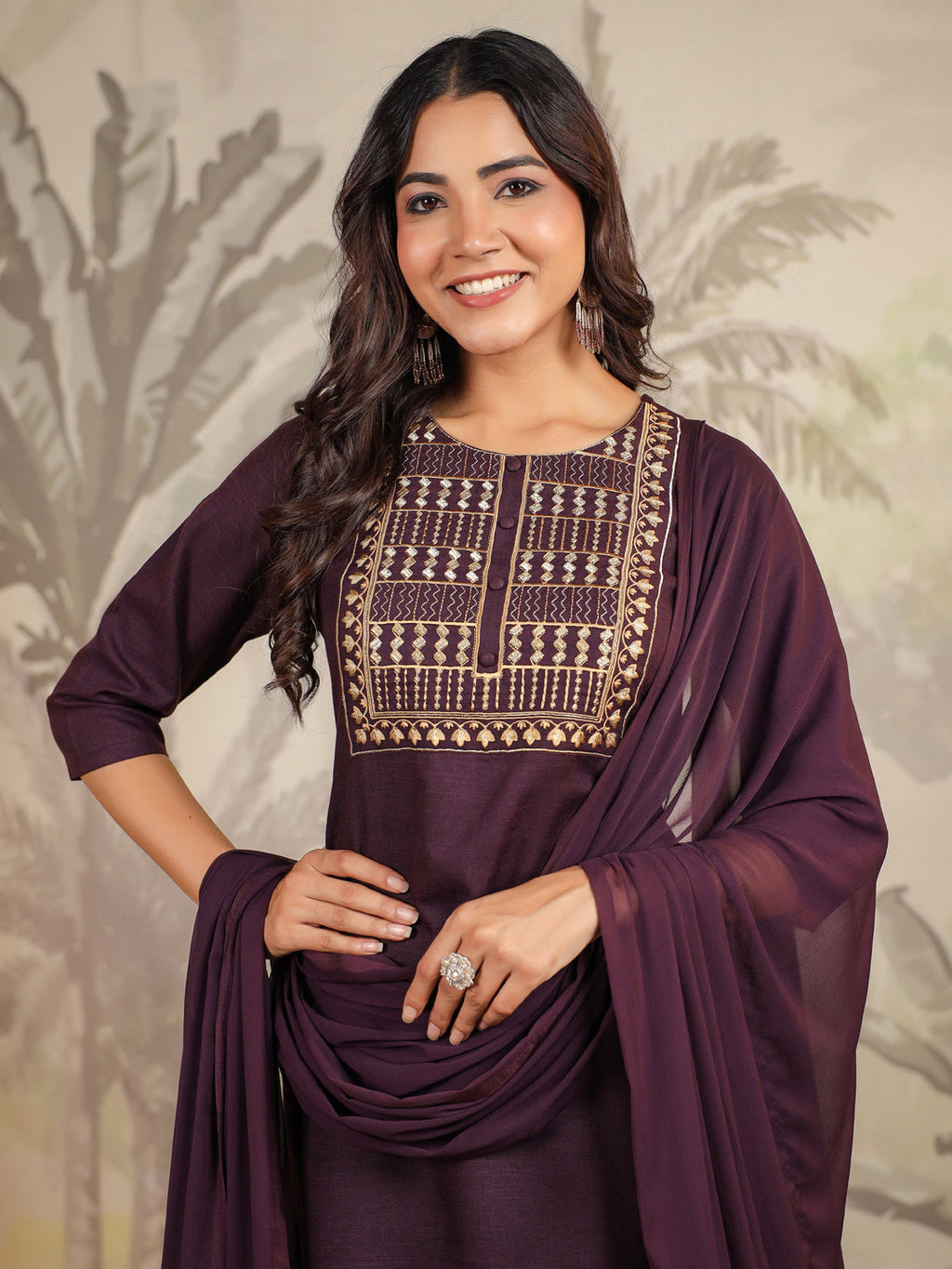 Janasya Dark Cotton Blend Yoke Embroidery Straight Kurta Set
