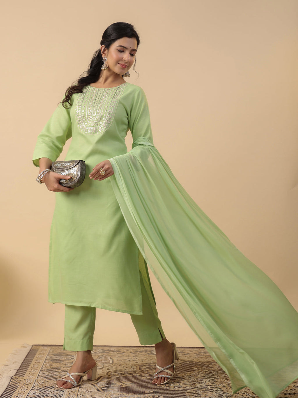 Janasya Bright Cotton Blend Yoke Embroidery Straight Kurta Set - Distacart