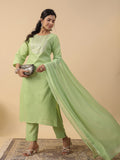 Janasya Bright Cotton Blend Yoke Embroidery Straight Kurta Set - Distacart