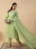 Janasya Bright Cotton Blend Yoke Embroidery Straight Kurta Set - Distacart