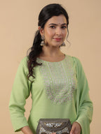 Janasya Bright Cotton Blend Yoke Embroidery Straight Kurta Set - Distacart