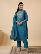 Janasya Bright Cotton Blend Embroidered Straight Kurta Set