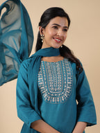 Janasya Bright Cotton Blend Embroidered Straight Kurta Set