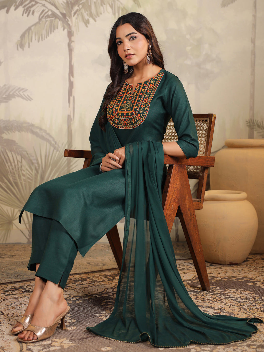 Janasya Dark Cotton Blend Yoke Embroidery Straight Kurta Set