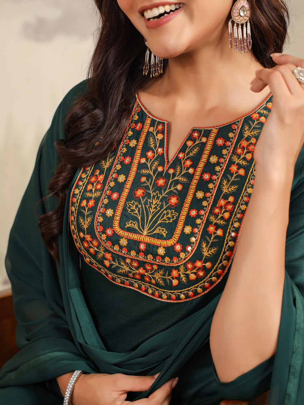 Janasya Dark Cotton Blend Yoke Embroidery Straight Kurta Set