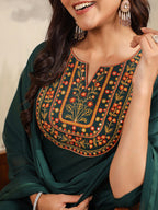 Janasya Dark Cotton Blend Yoke Embroidery Straight Kurta Set