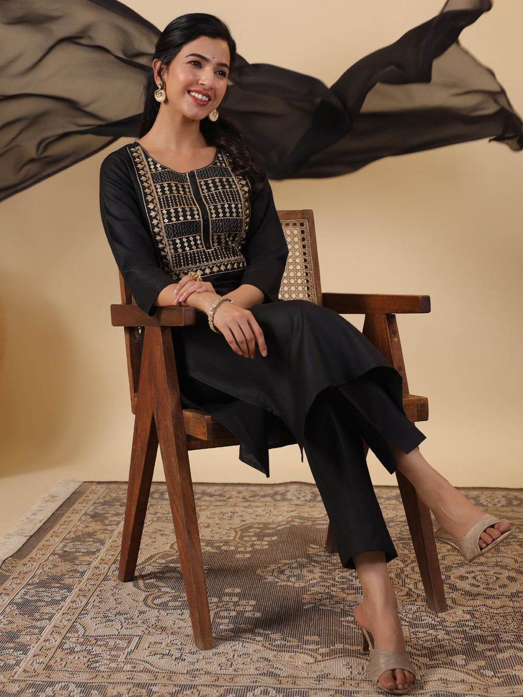 Janasya Dark Cotton Blend Yoke Embroidery Straight Kurta Set
