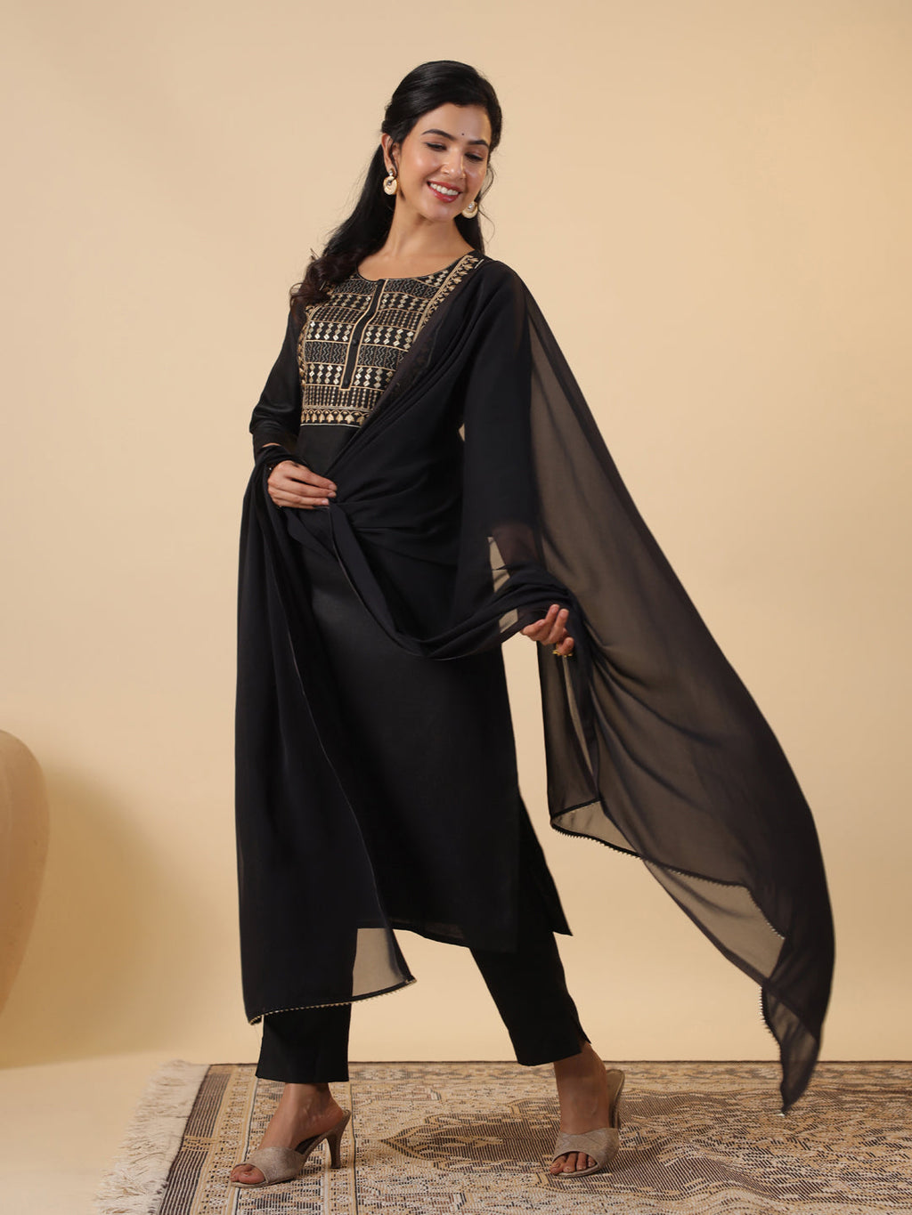 Janasya Dark Cotton Blend Yoke Embroidery Straight Kurta Set