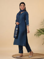 Janasya Dark Cotton Blend Solid Straight Kurta Set