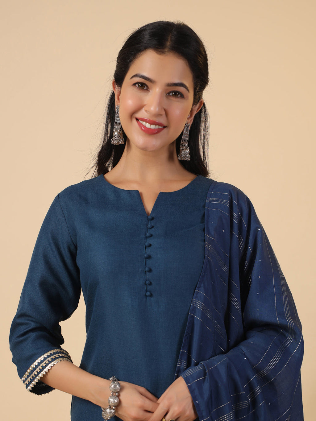 Janasya Dark Cotton Blend Solid Straight Kurta Set