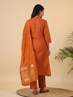 Janasya Dark Cotton Blend Yoke Design Straight Kurta Set