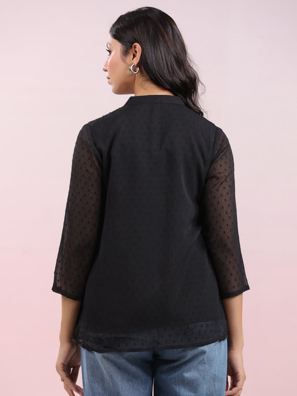 Janasya Dark Dobby Chiffon Solid Regular Top