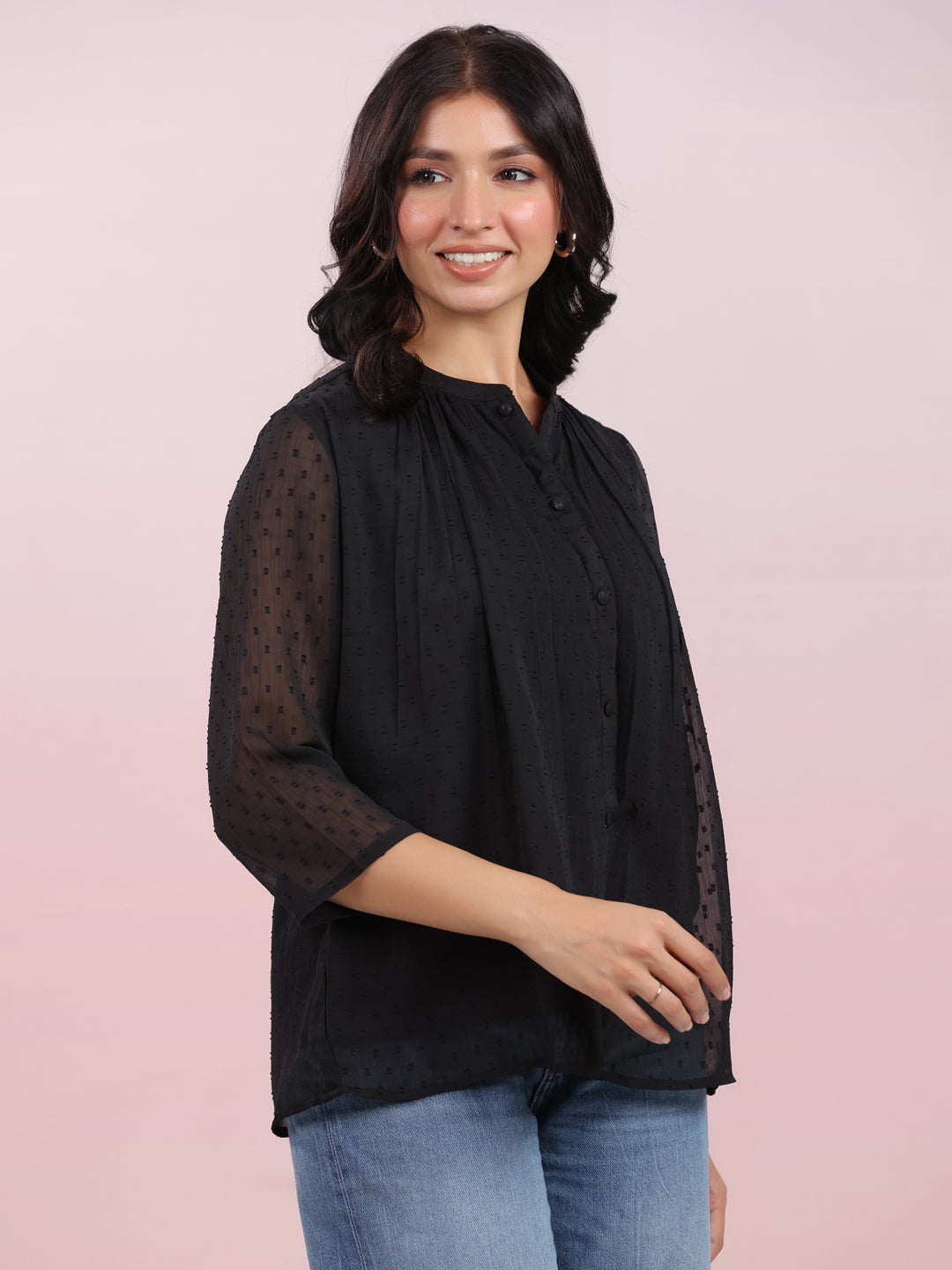 Janasya Dark Dobby Chiffon Solid Regular Top