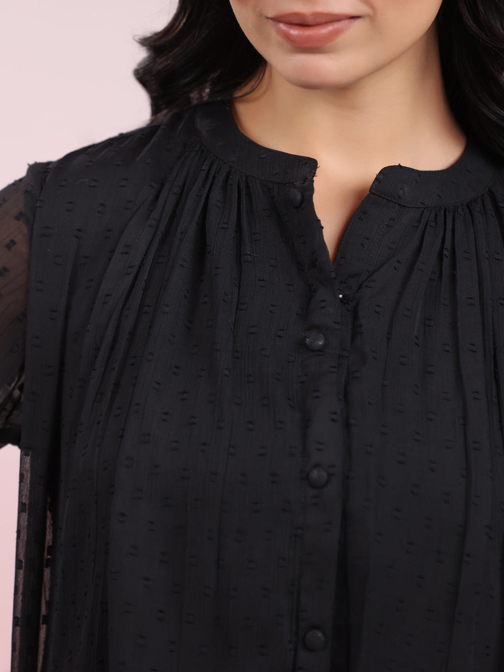 Janasya Dark Dobby Chiffon Solid Regular Top