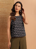 Janasya Dark Cotton Floral Regular Top