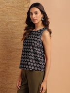 Janasya Dark Cotton Floral Regular Top