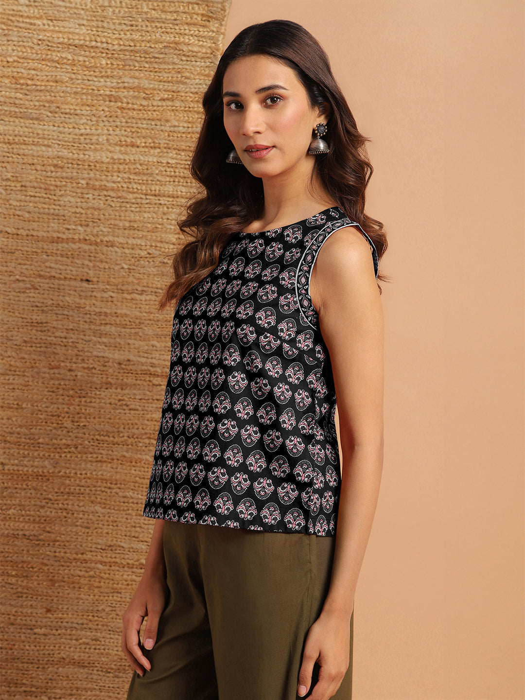 Janasya Dark Cotton Floral Regular Top