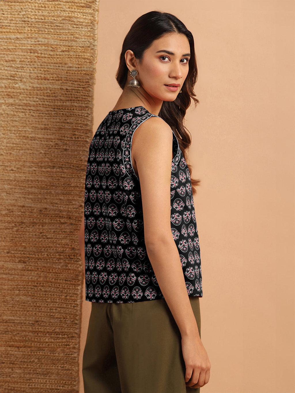 Janasya Dark Cotton Floral Regular Top