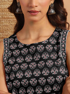 Janasya Dark Cotton Floral Regular Top