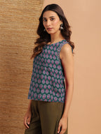 Janasya Dark Cotton Floral Regular Top