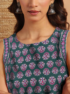 Janasya Dark Cotton Floral Regular Top