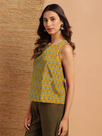 Janasya Dark Cotton Floral Straight Top