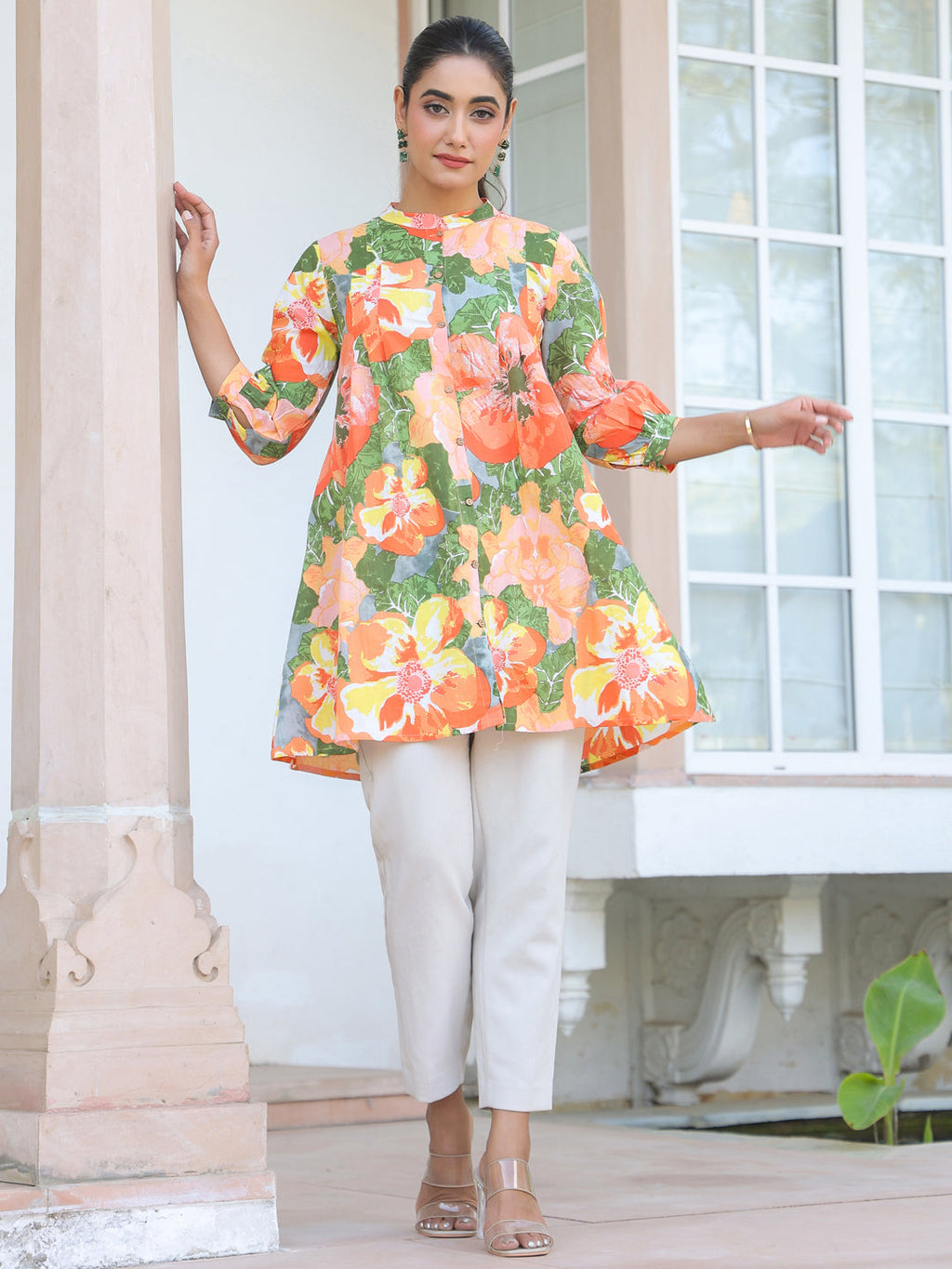 Janasya Bright Cotton Floral A-Line Tunic - Distacart