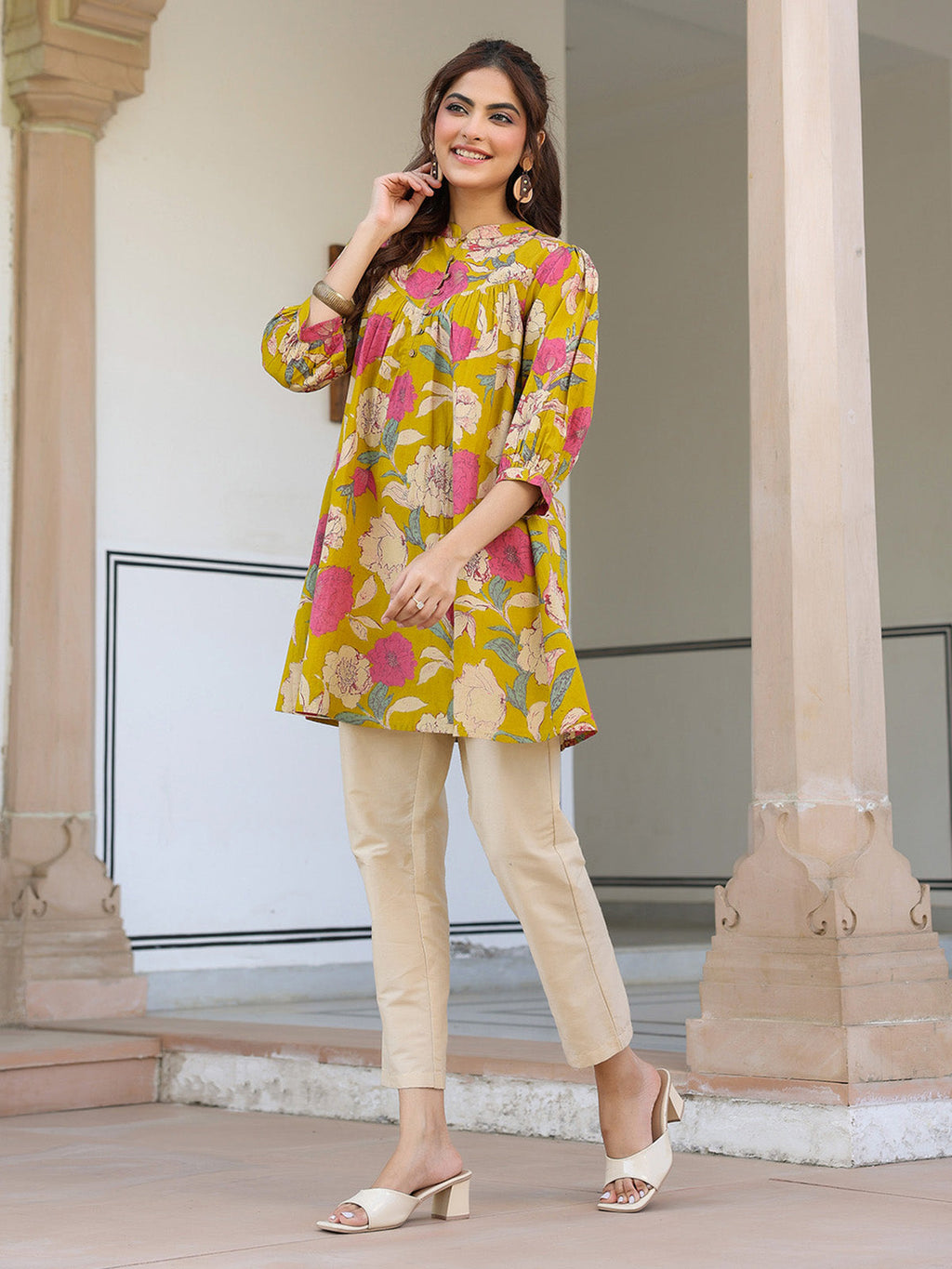 Janasya Bright Cotton Floral A-Line Tunic